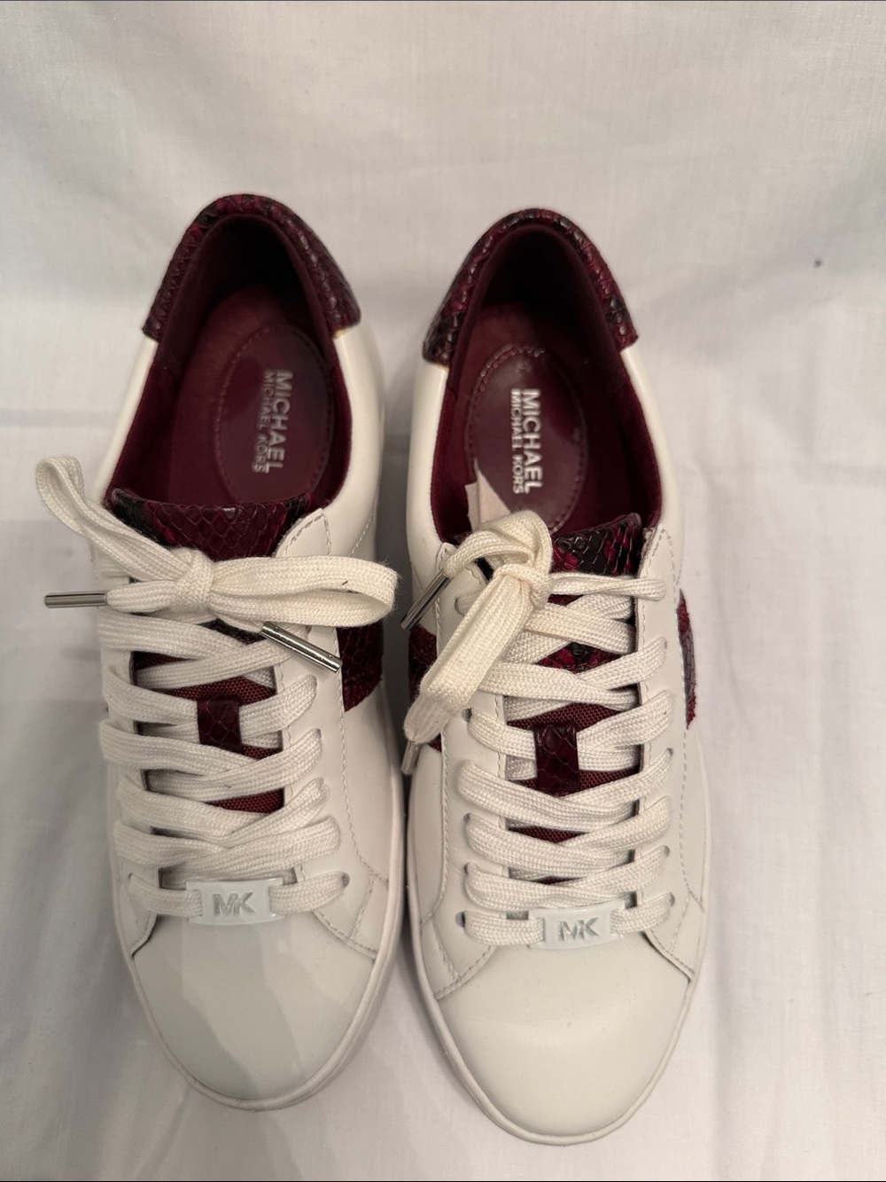 Michael Kors Women White Sneakers with Burgundy Snake-Texture Accents